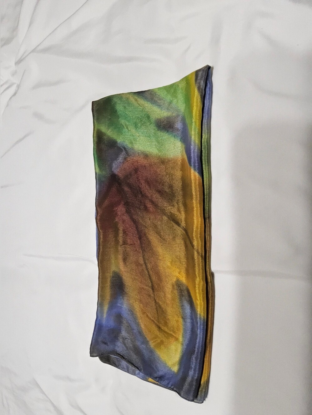 Vintage Hand Painted 100% Pure Silk Scarf Autumn Maple Leaves Blue Gold Fall - Picture 3 of 4